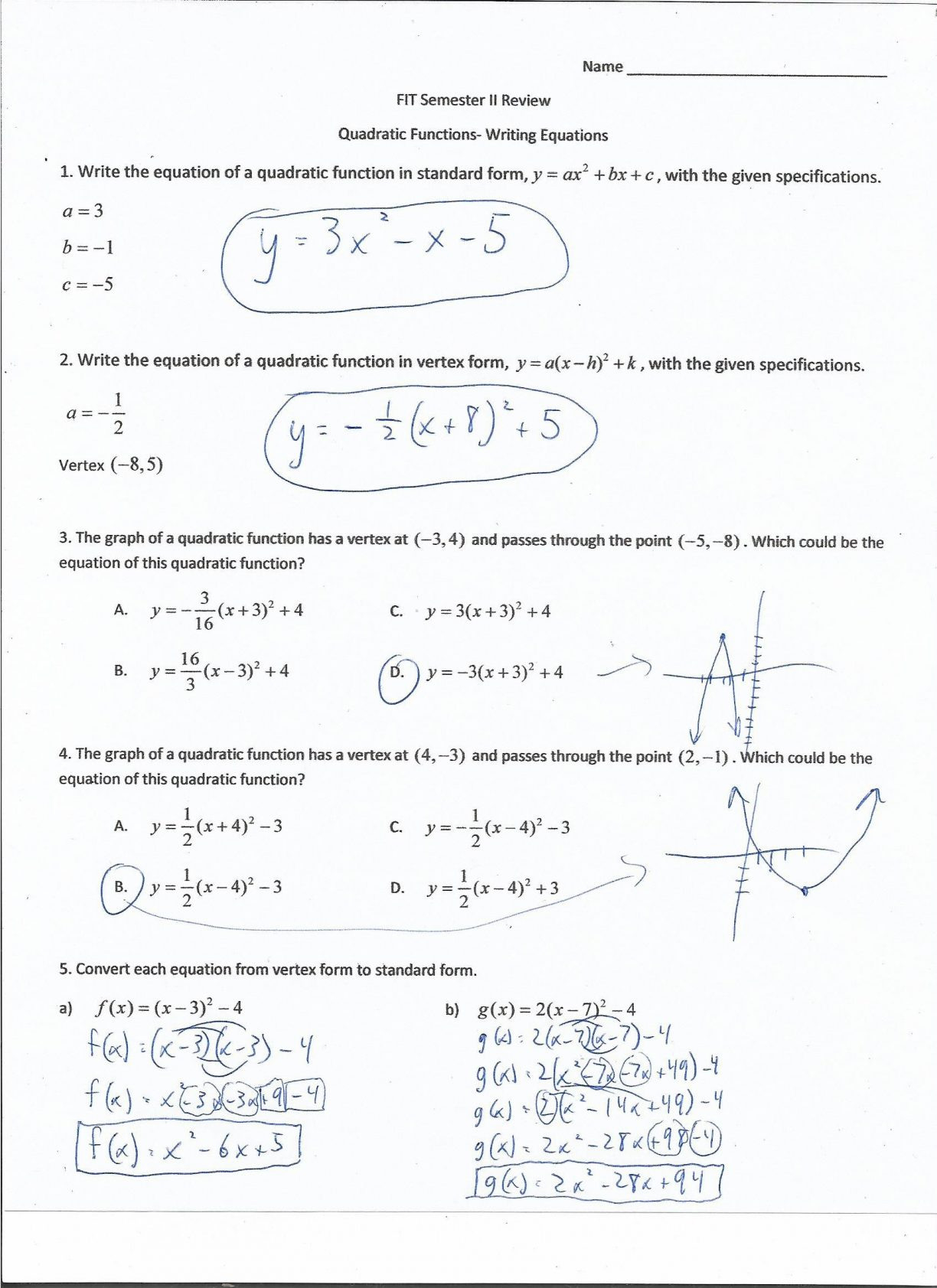 solving quadratic equations by graphing practice worksheet