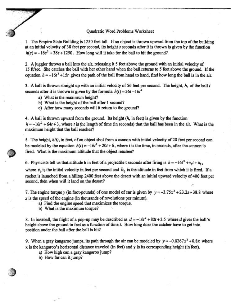 Quadratic Word Problems Worksheet 1 The Empire