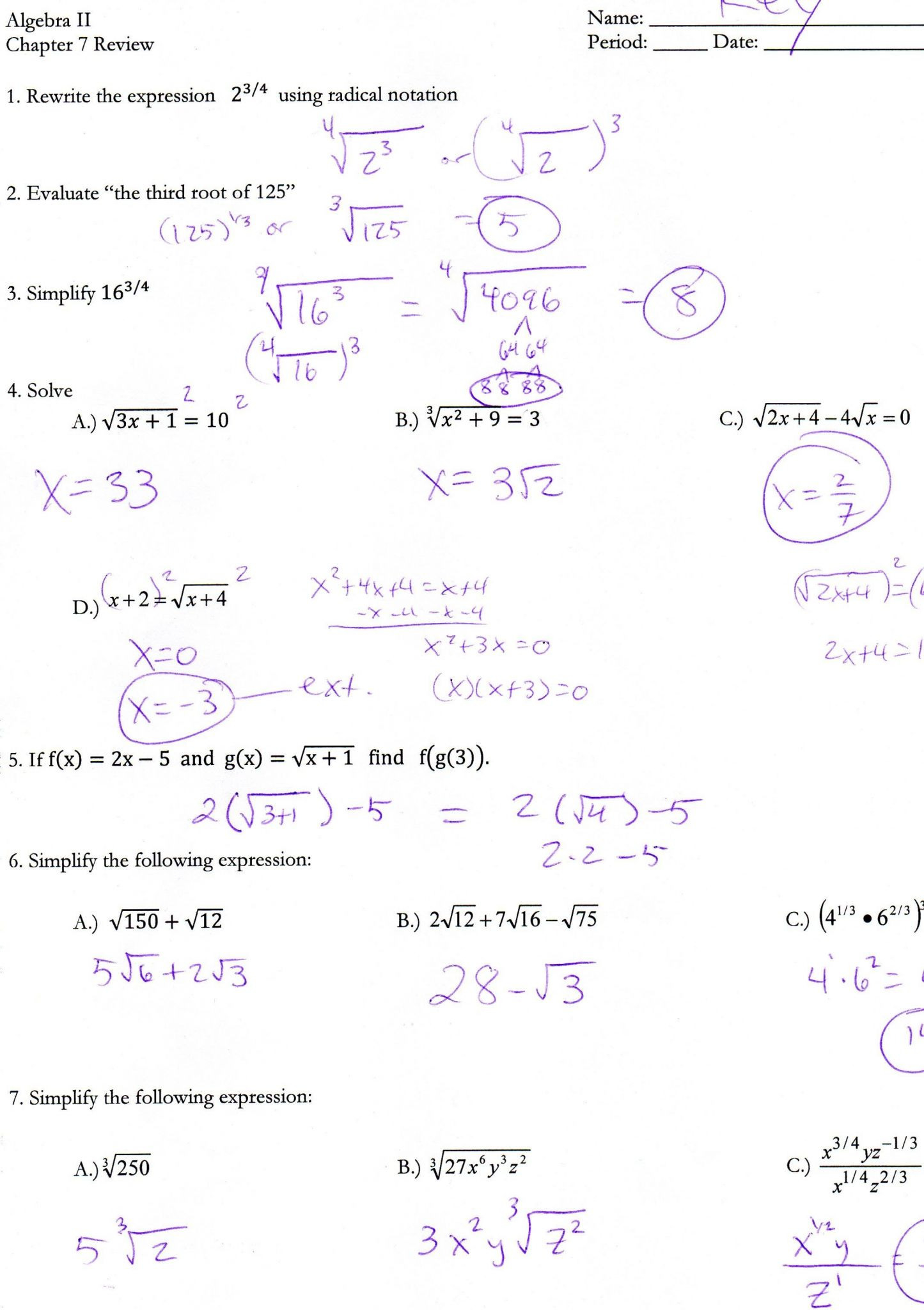 Quadratics Review Worksheet Answers