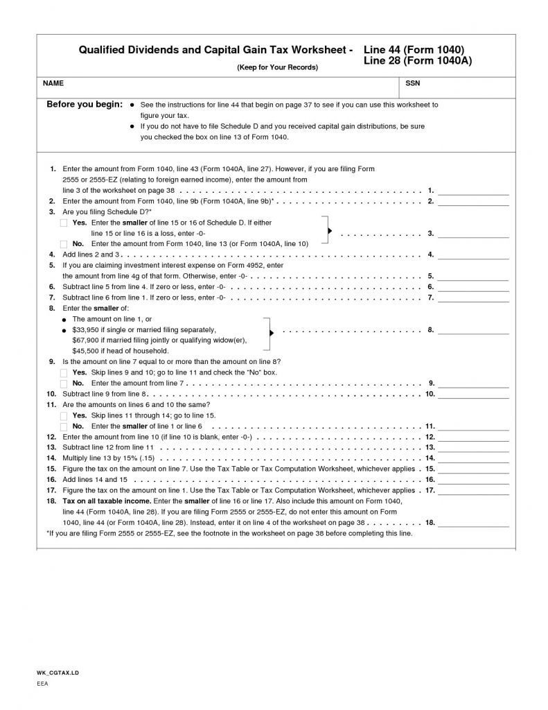 Qualified Dividends And Capital Gain Tax Worksheet 1040A Db excel