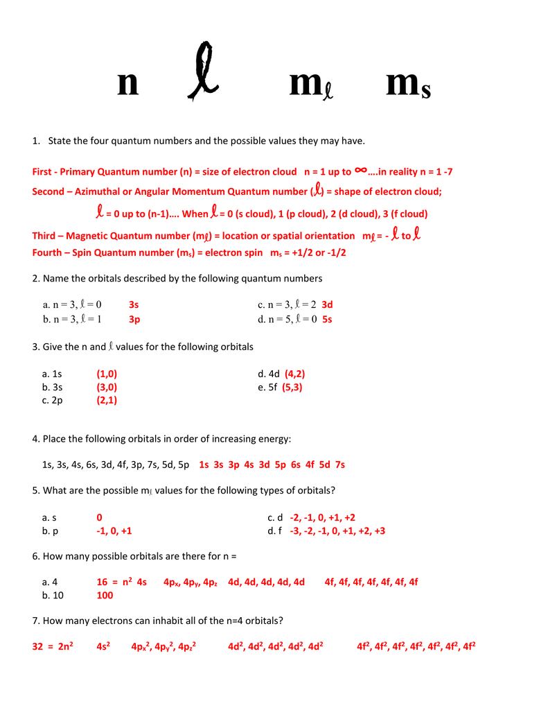 Quantum Number Chemistry Worksheet