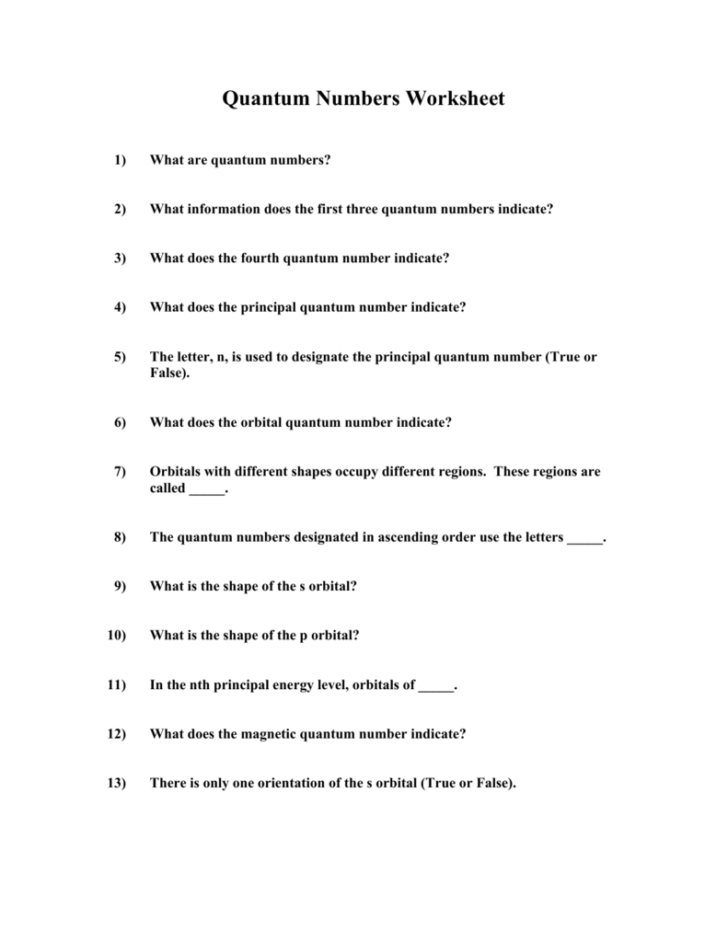 Quantum Numbers Worksheet