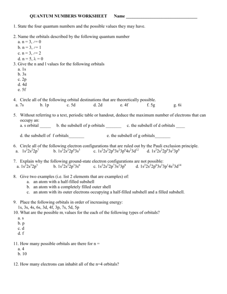 Quantum Numbers Worksheet