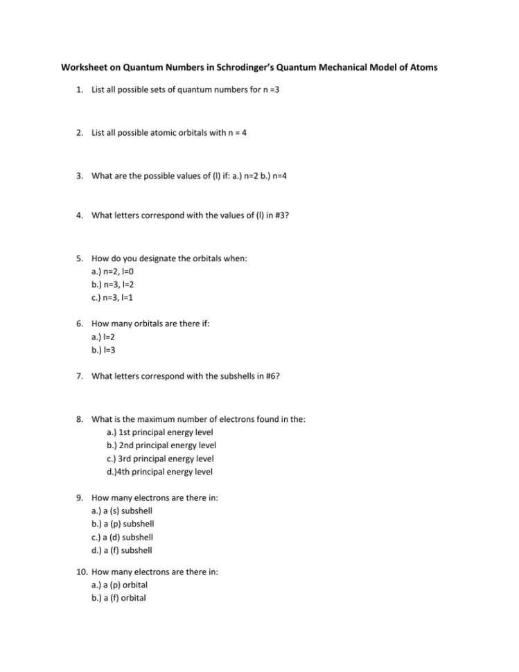 Quantum Numbers Worksheet I