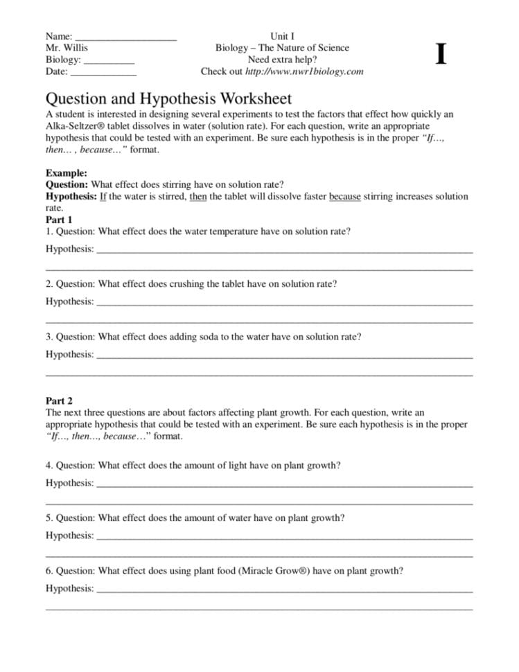 Question And Hypothesis Worksheet