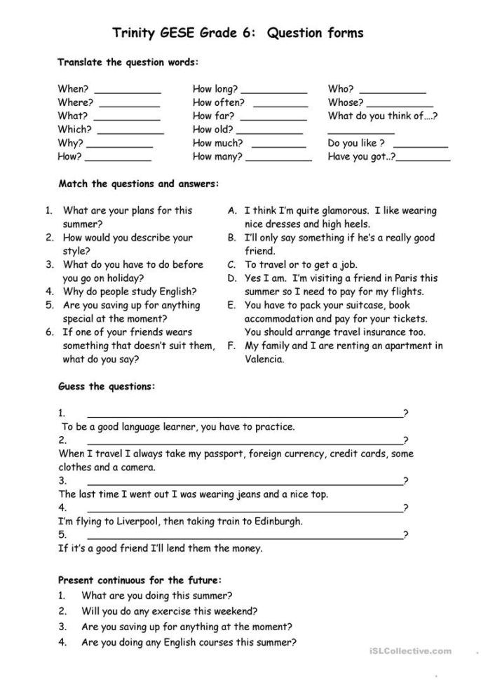 Question Forms Trinity Grade 6  English Esl Worksheets