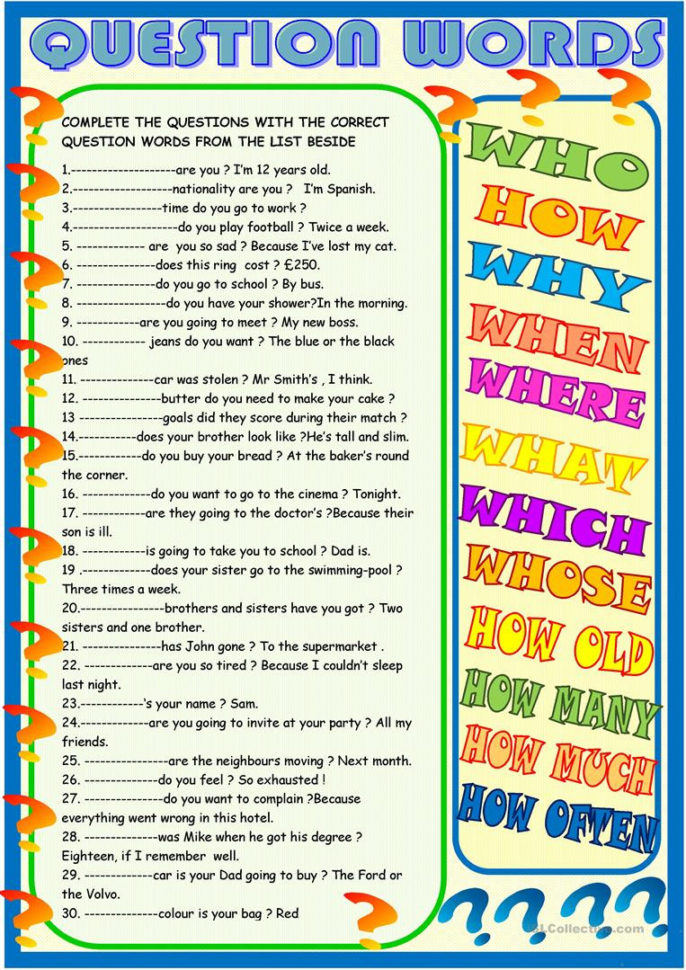 Question Words To Complete Questions  English Esl Worksheets