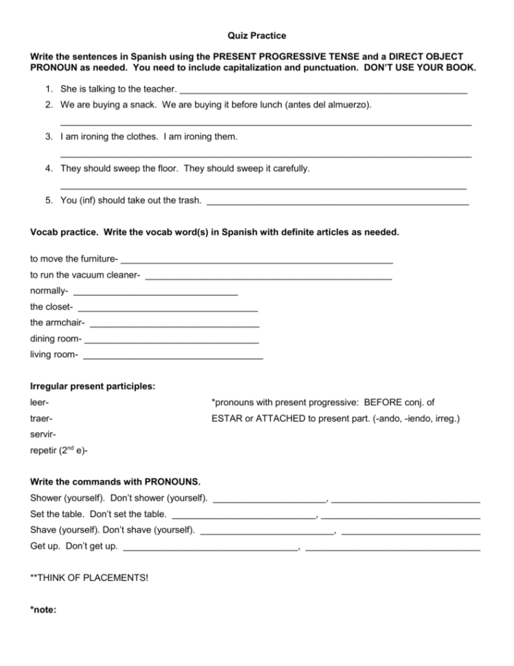 Quiz Practice Write The Sentences In Spanish Using The Present