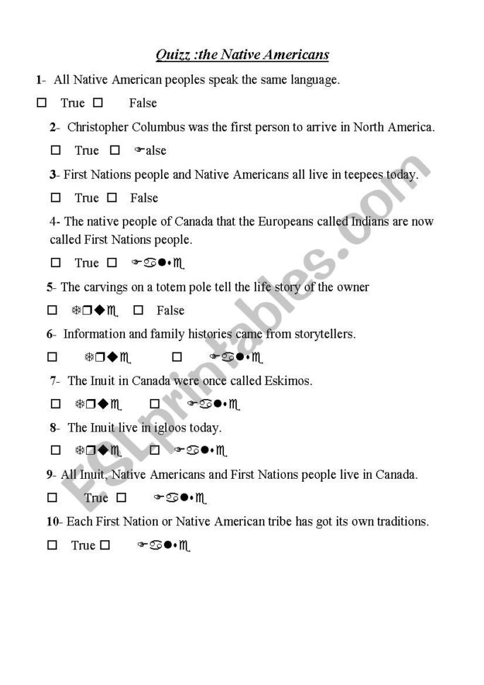 Quiz The Native Americans  Esl Worksheetchrisie
