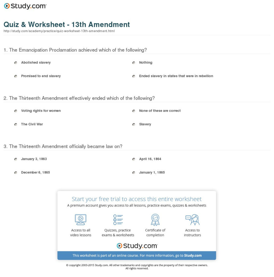 Quiz  Worksheet  13Th Amendment  Study