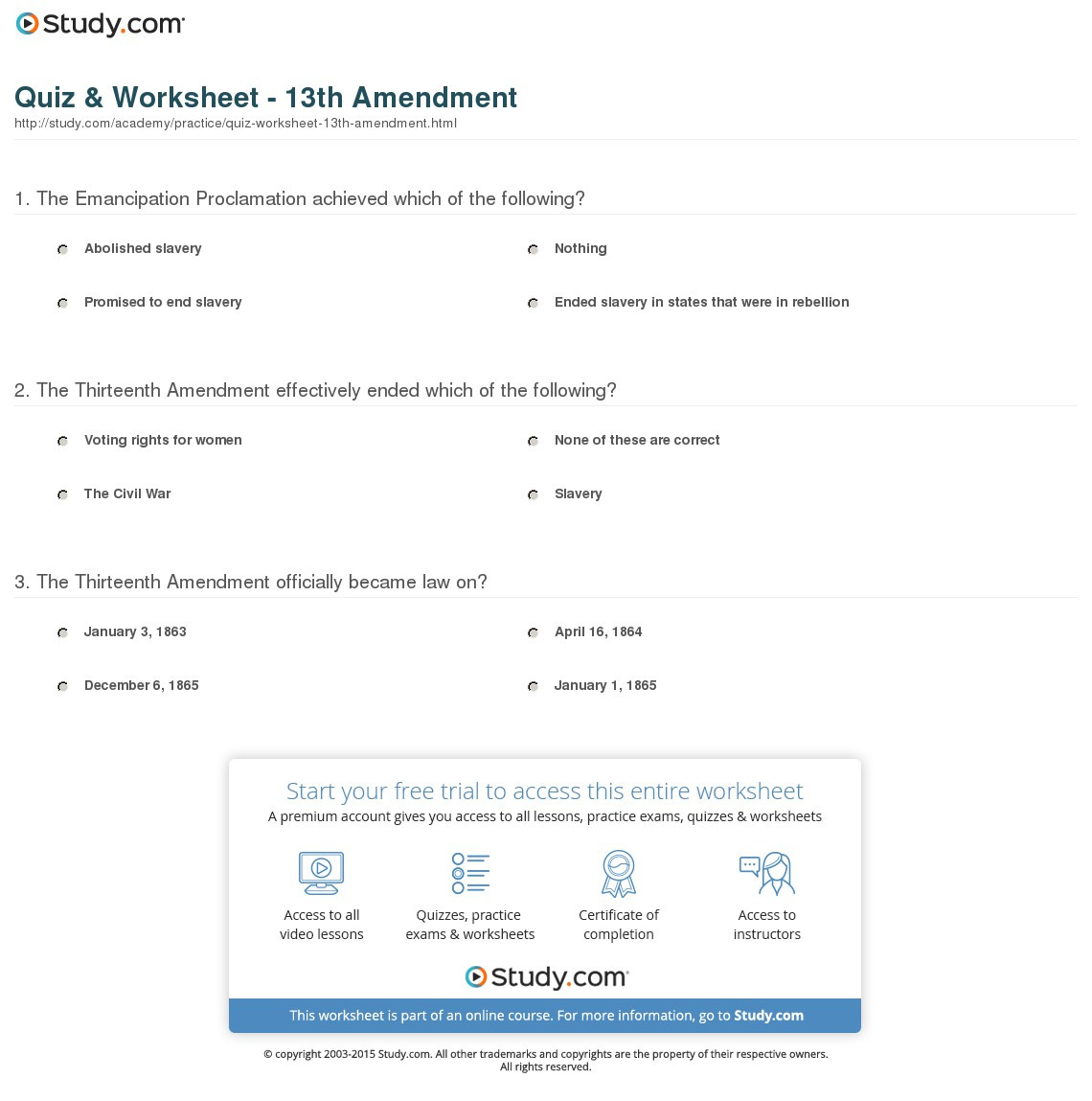 Quiz  Worksheet  13Th Amendment  Study