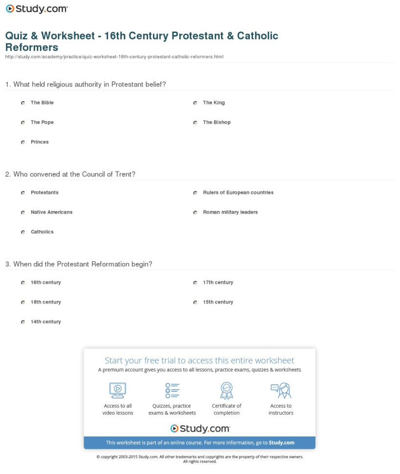 Quiz  Worksheet  16Th Century Protestant  Catholic