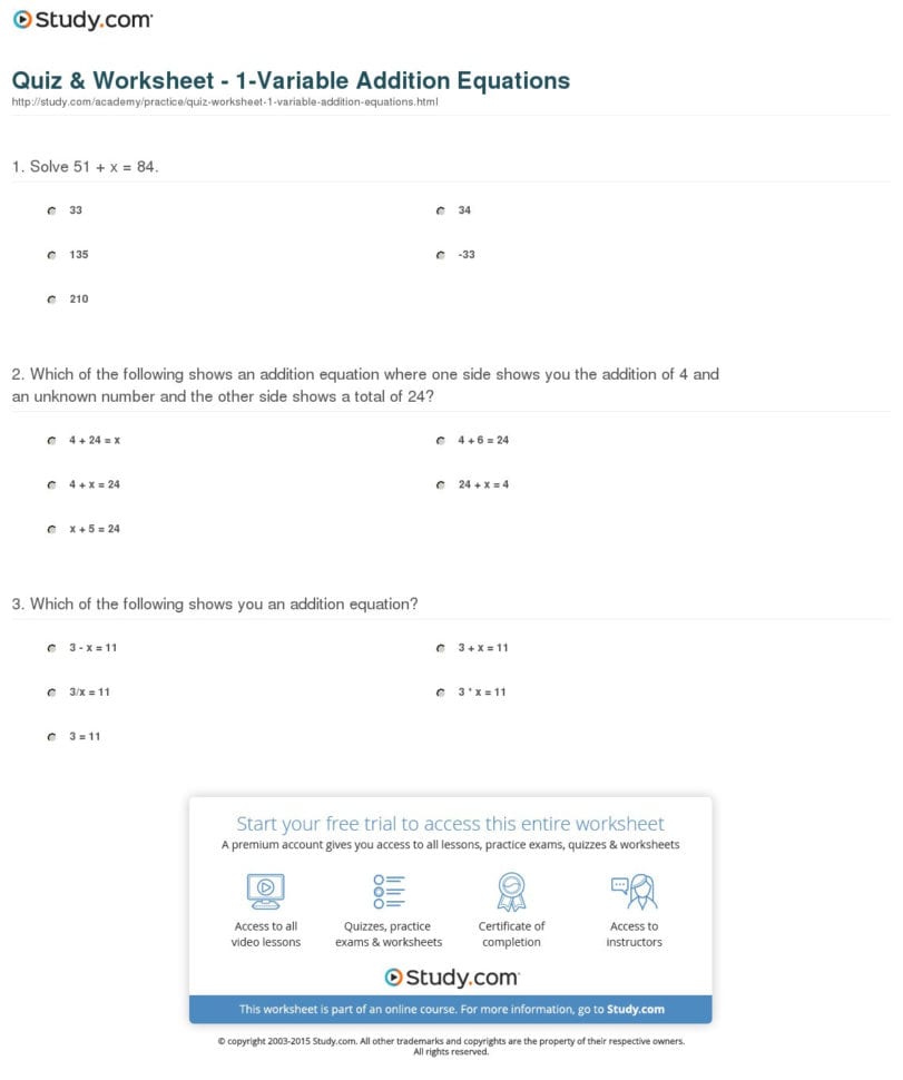 Quiz  Worksheet  1Variable Addition Equations  Study