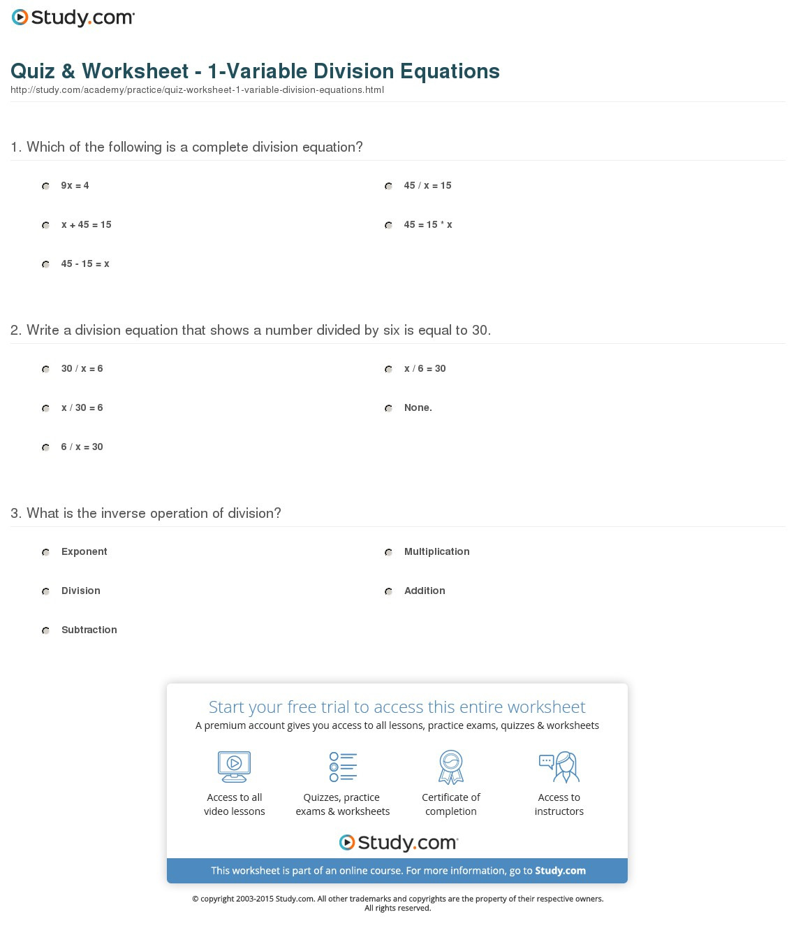 Quiz  Worksheet  1Variable Division Equations  Study