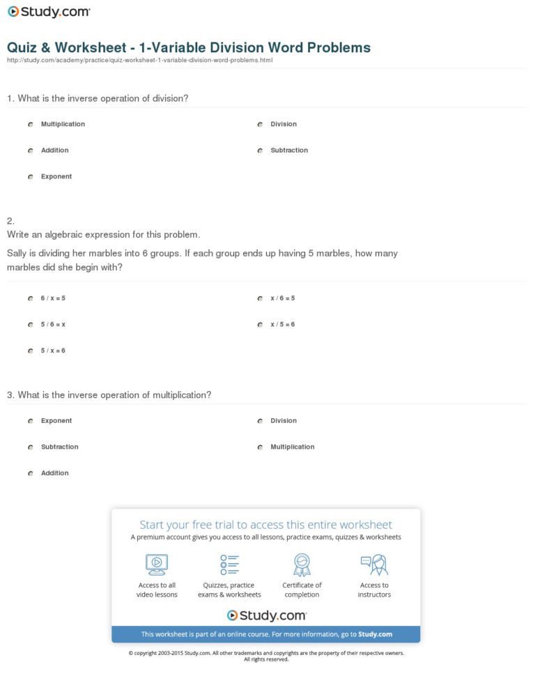 Quiz  Worksheet  1Variable Division Word Problems  Study