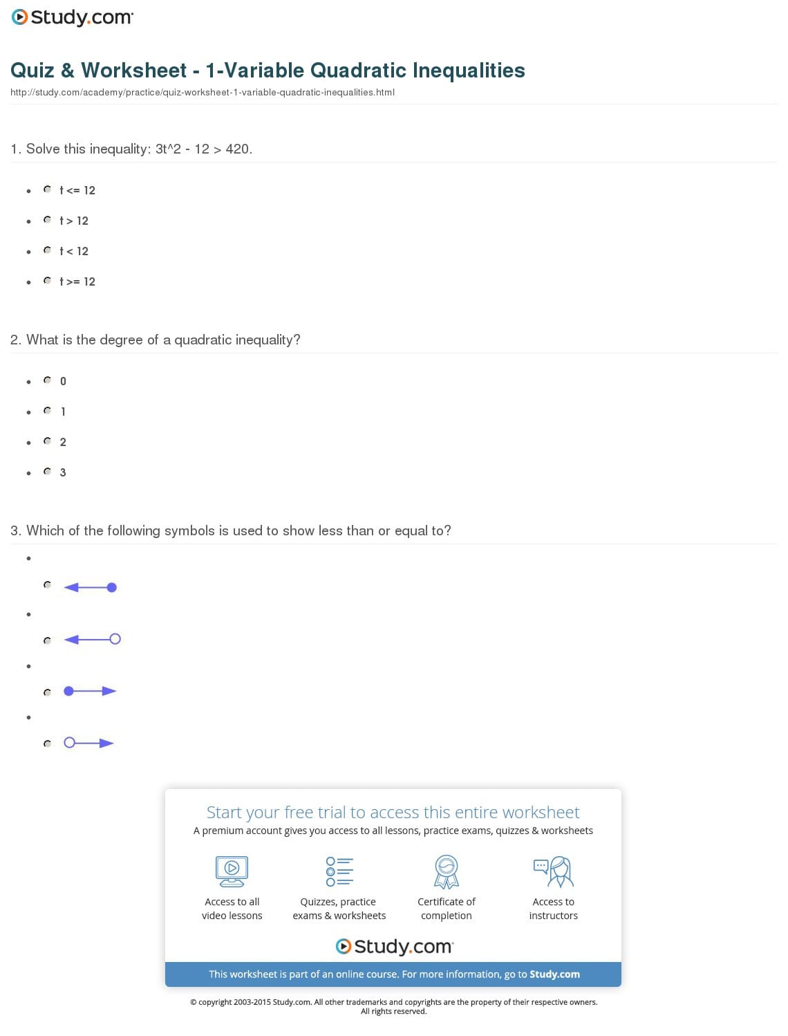 Quiz  Worksheet  1Variable Quadratic Inequalities  Study