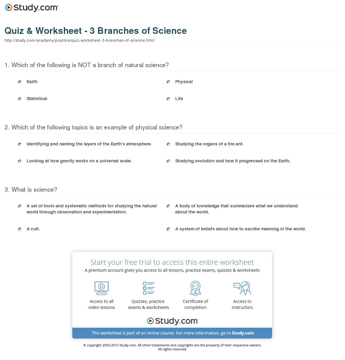 Quiz  Worksheet  3 Branches Of Science  Study