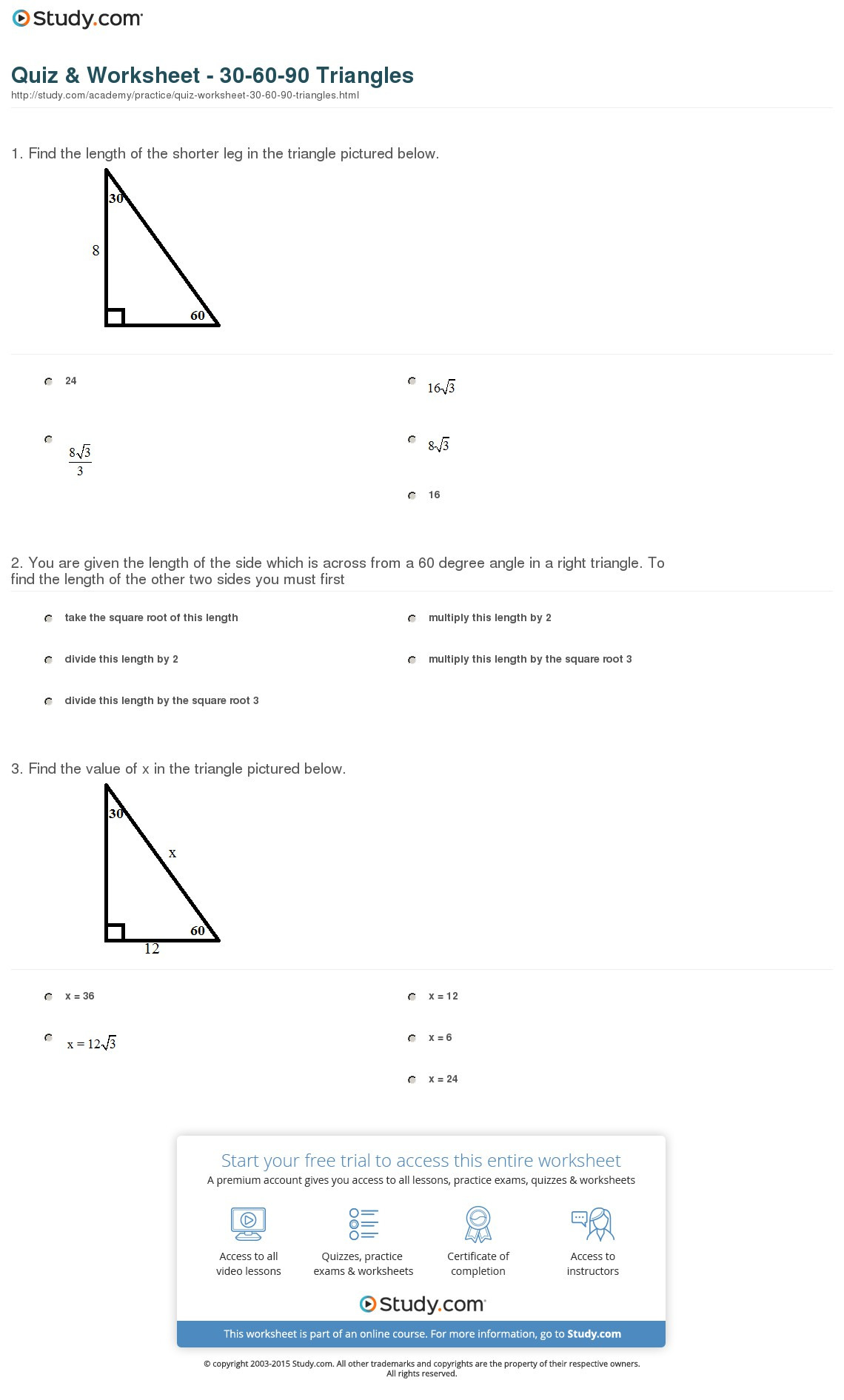 Quiz  Worksheet  306090 Triangles  Study