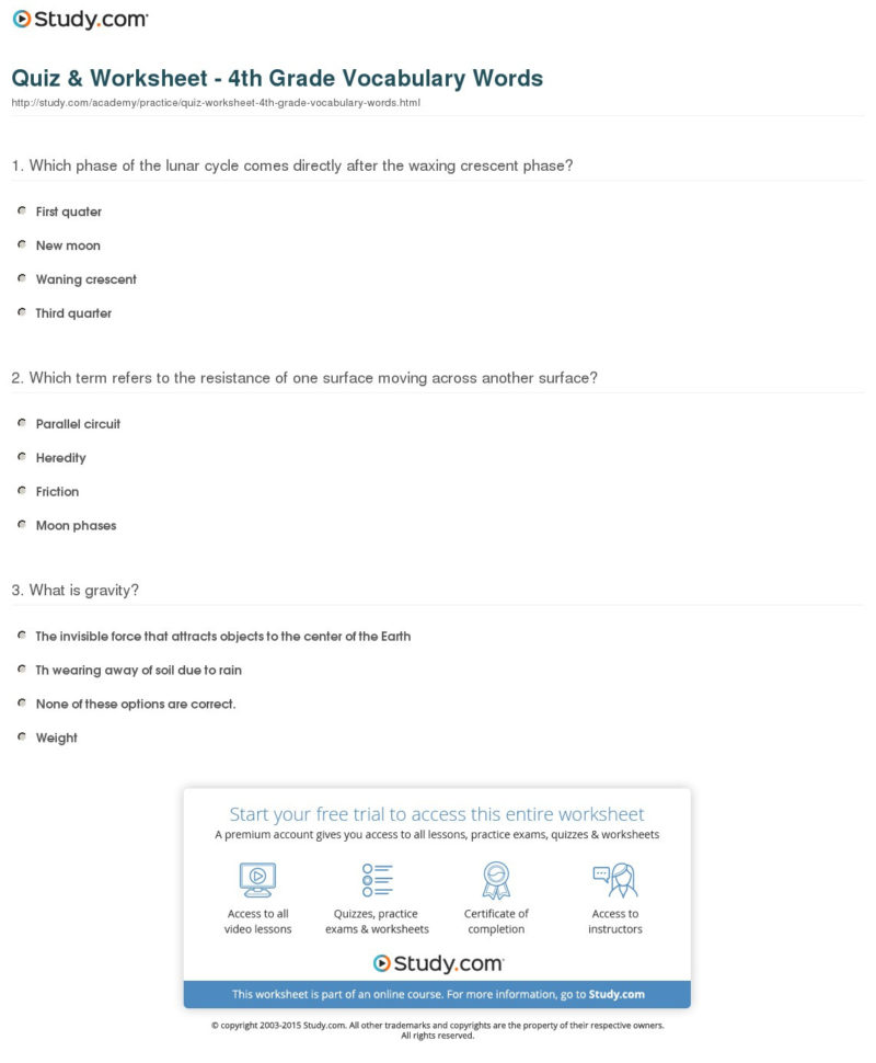 Quiz  Worksheet  4Th Grade Vocabulary Words  Study