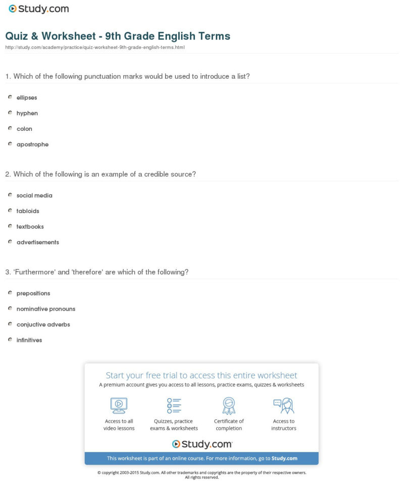 Quiz  Worksheet  9Th Grade English Terms  Study Quiz  Worksheet  9Th Grade English Terms  Study