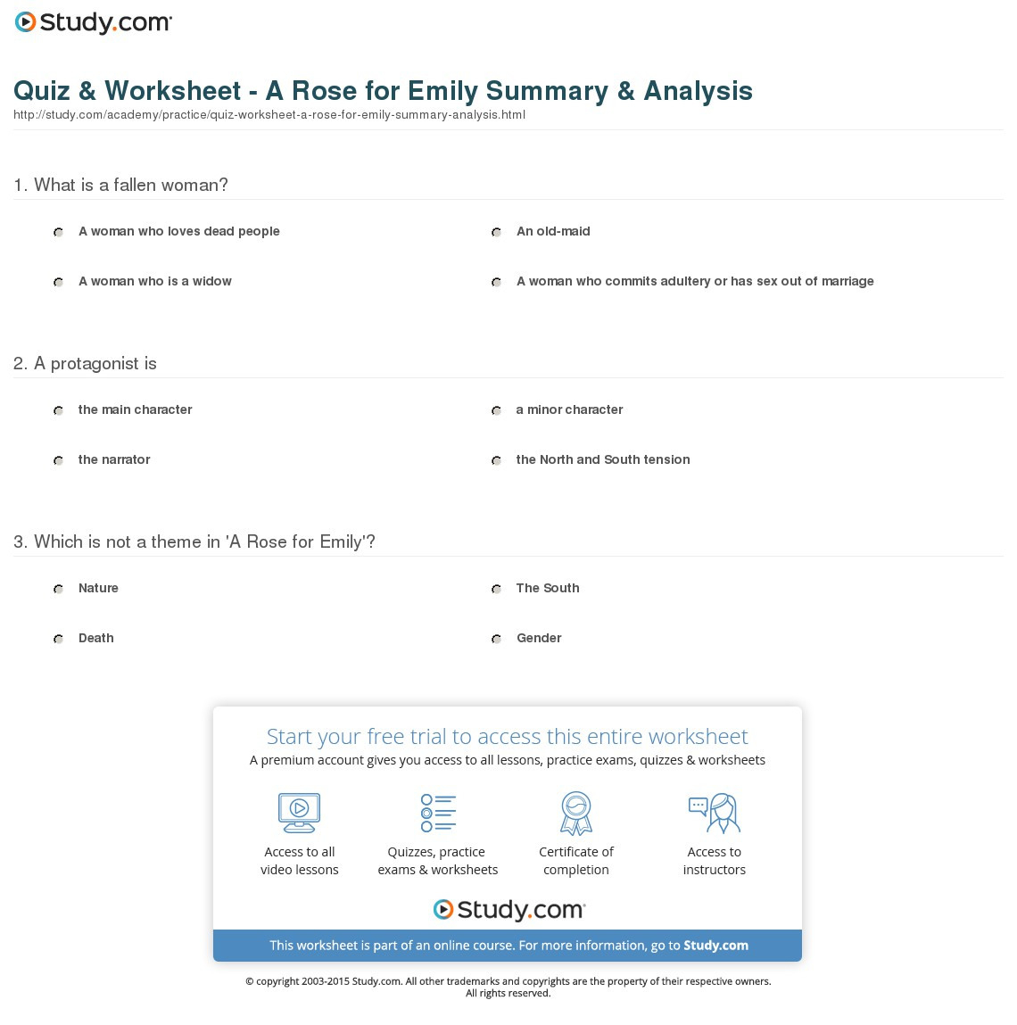 Quiz  Worksheet  A Rose For Emily Summary  Analysis