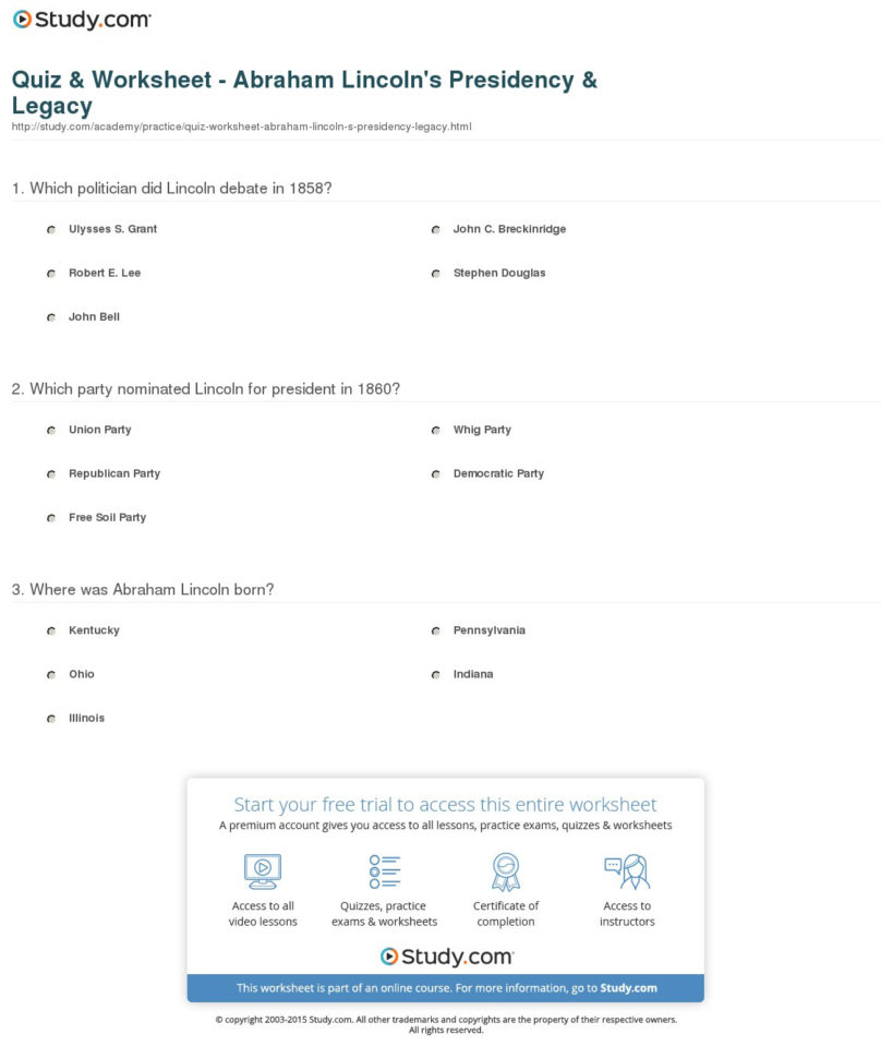 Quiz  Worksheet  Abraham Lincoln's Presidency  Legacy