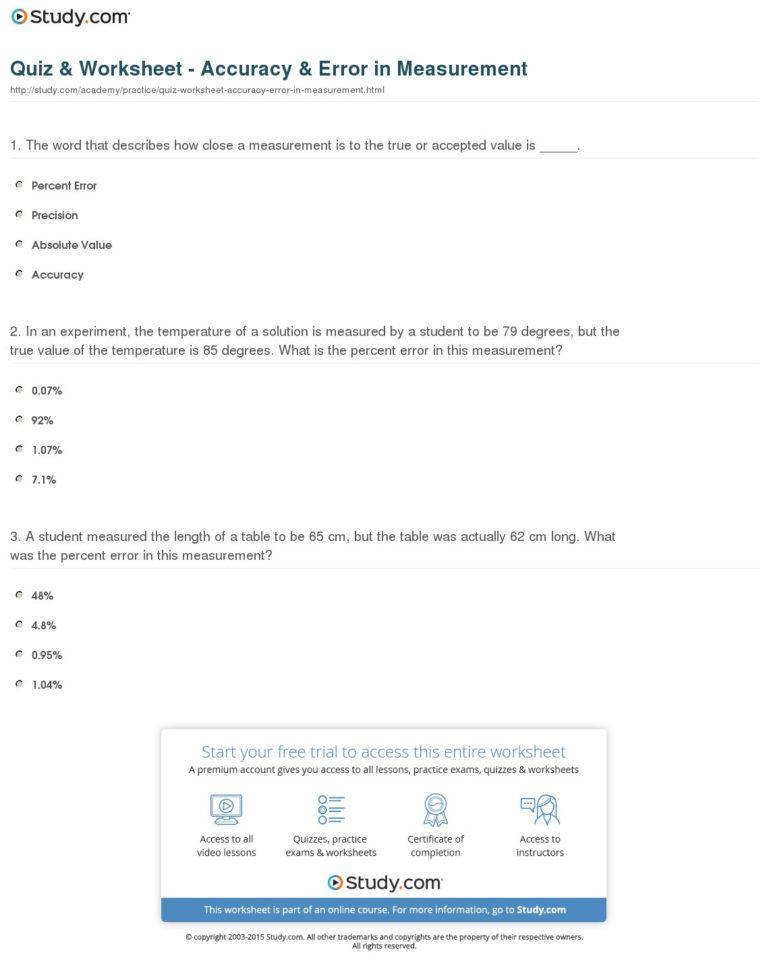 Quiz  Worksheet  Accuracy  Error In Measurement  Study