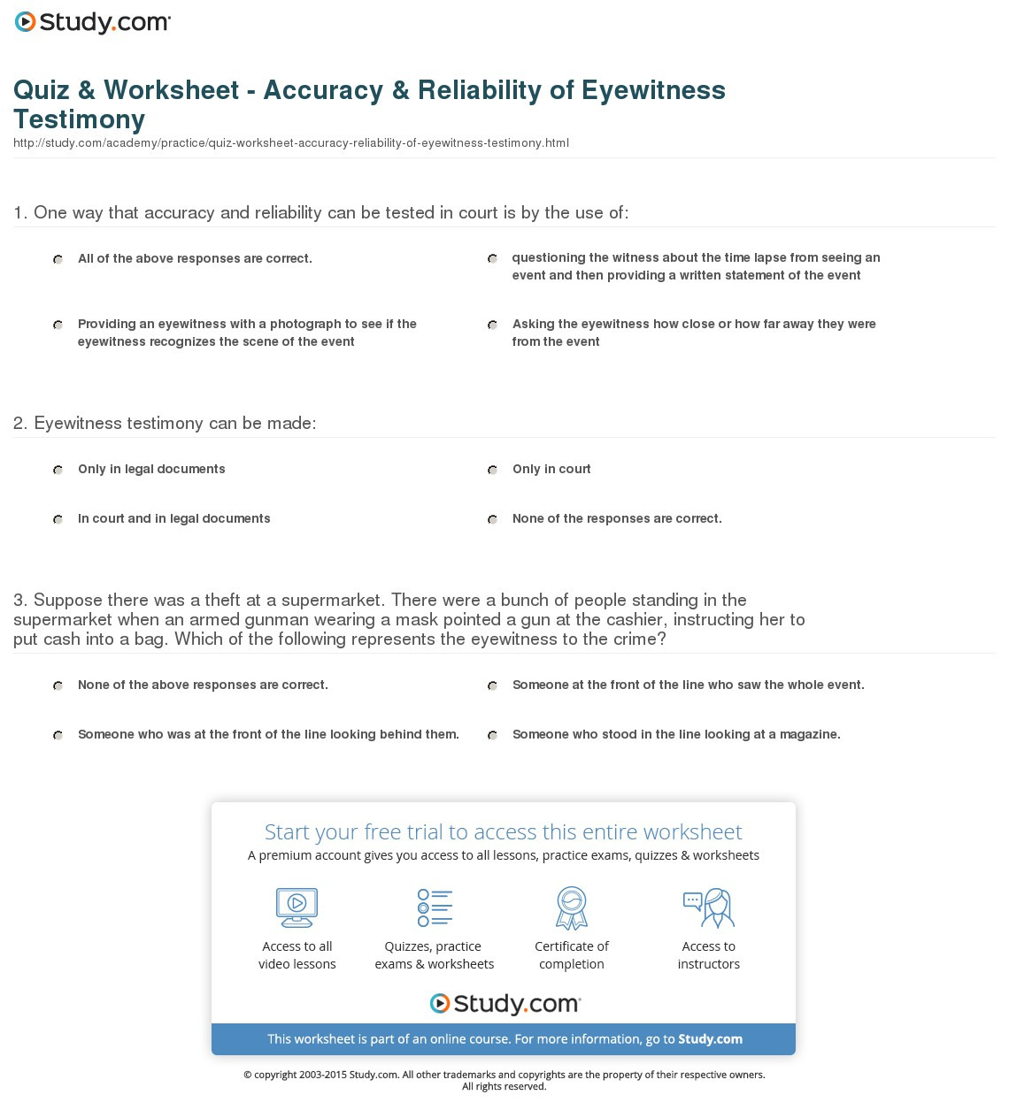 Quiz  Worksheet  Accuracy  Reliability Of Eyewitness Testimony