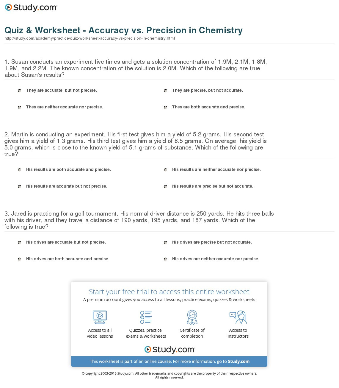 Quiz  Worksheet  Accuracy Vs Precision In Chemistry