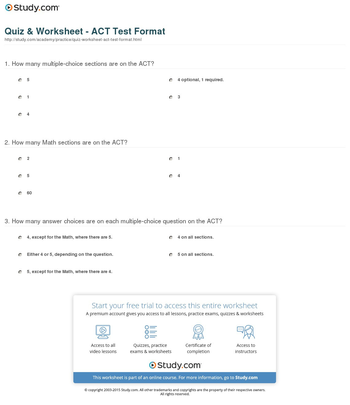 Quiz  Worksheet  Act Test Format  Study