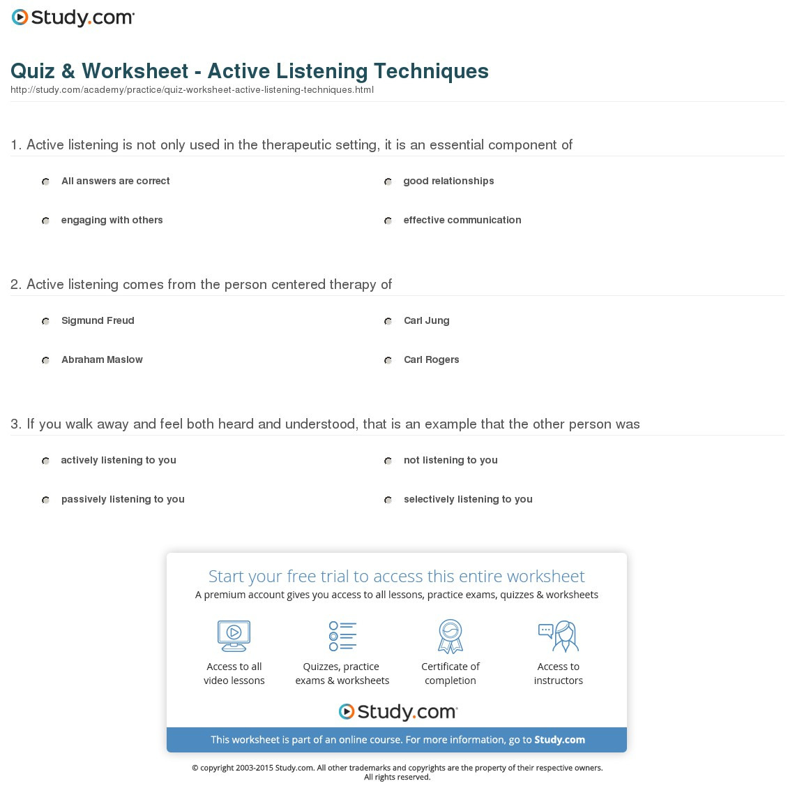 Quiz  Worksheet  Active Listening Techniques  Study