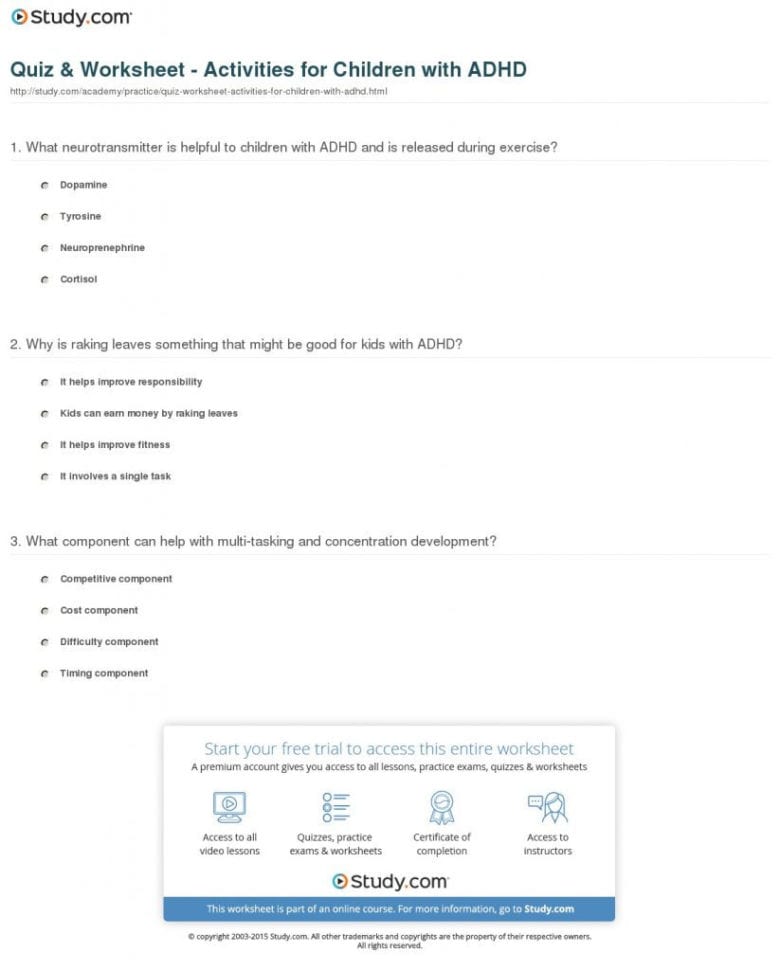 Quiz Worksheet Activities For Adhd Worksheets For Youth As
