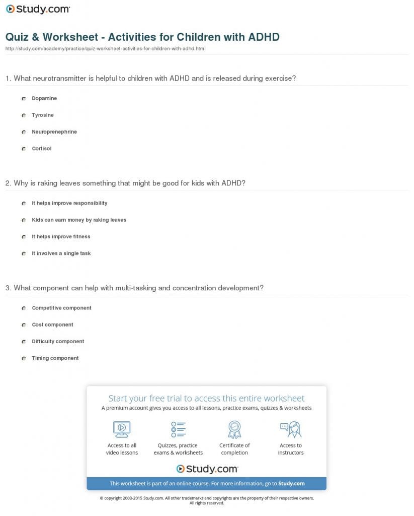 Quiz Worksheet Activities For Adhd Worksheets For Youth As