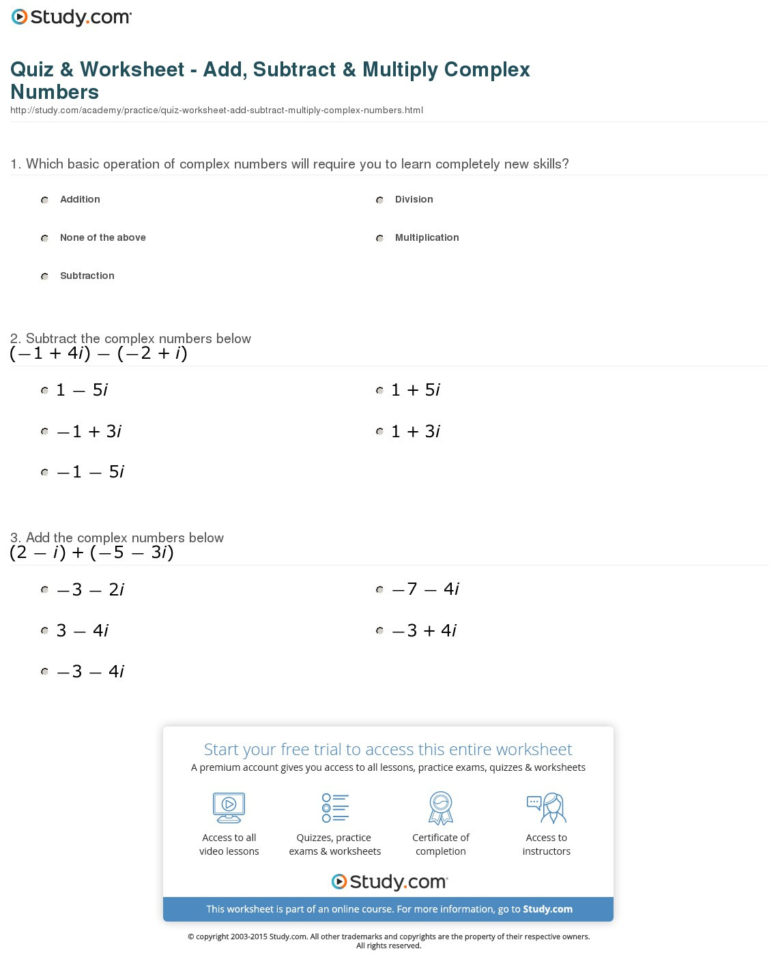 Quiz  Worksheet  Add Subtract  Multiply Complex Numbers