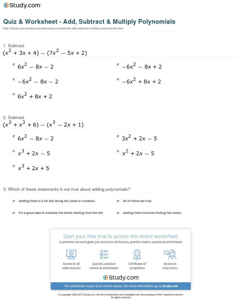 Quiz  Worksheet  Add Subtract  Multiply Polynomials