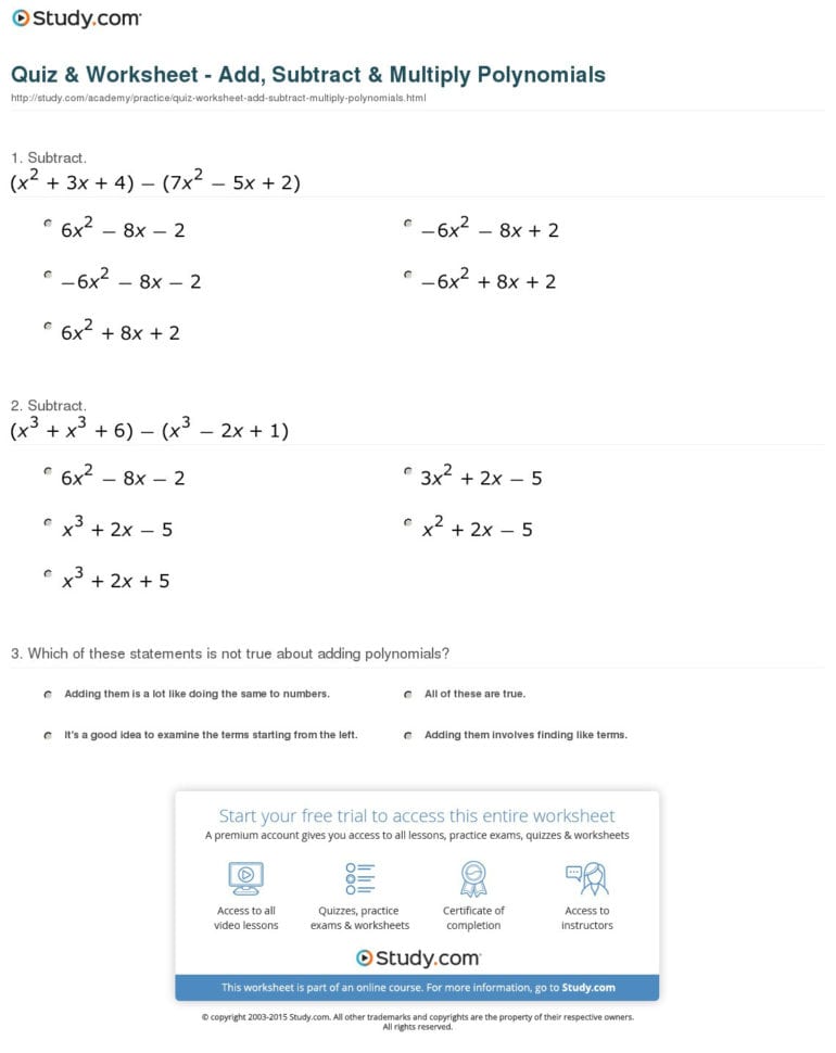Quiz  Worksheet  Add Subtract  Multiply Polynomials