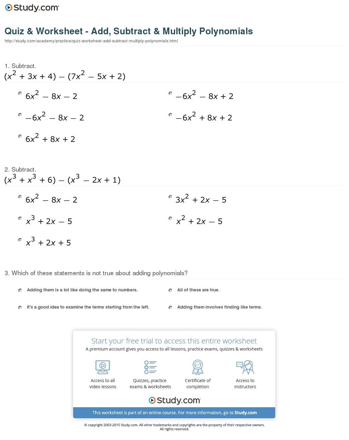 Quiz  Worksheet  Add Subtract  Multiply Polynomials