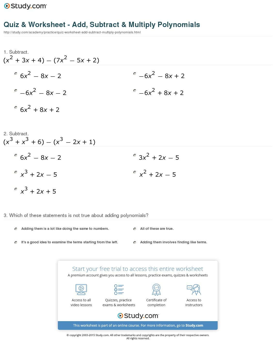 Quiz  Worksheet  Add Subtract  Multiply Polynomials  Study
