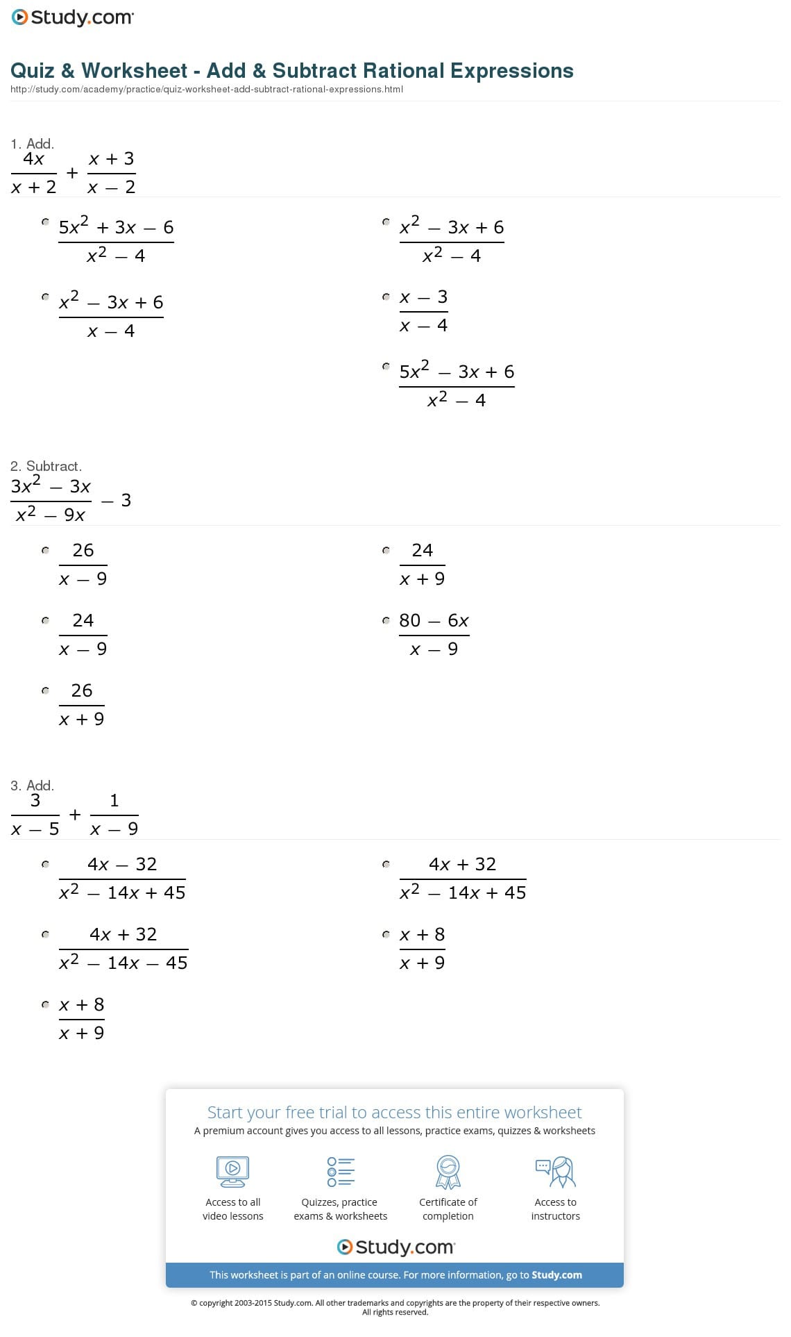 Quiz  Worksheet  Add  Subtract Rational Expressions