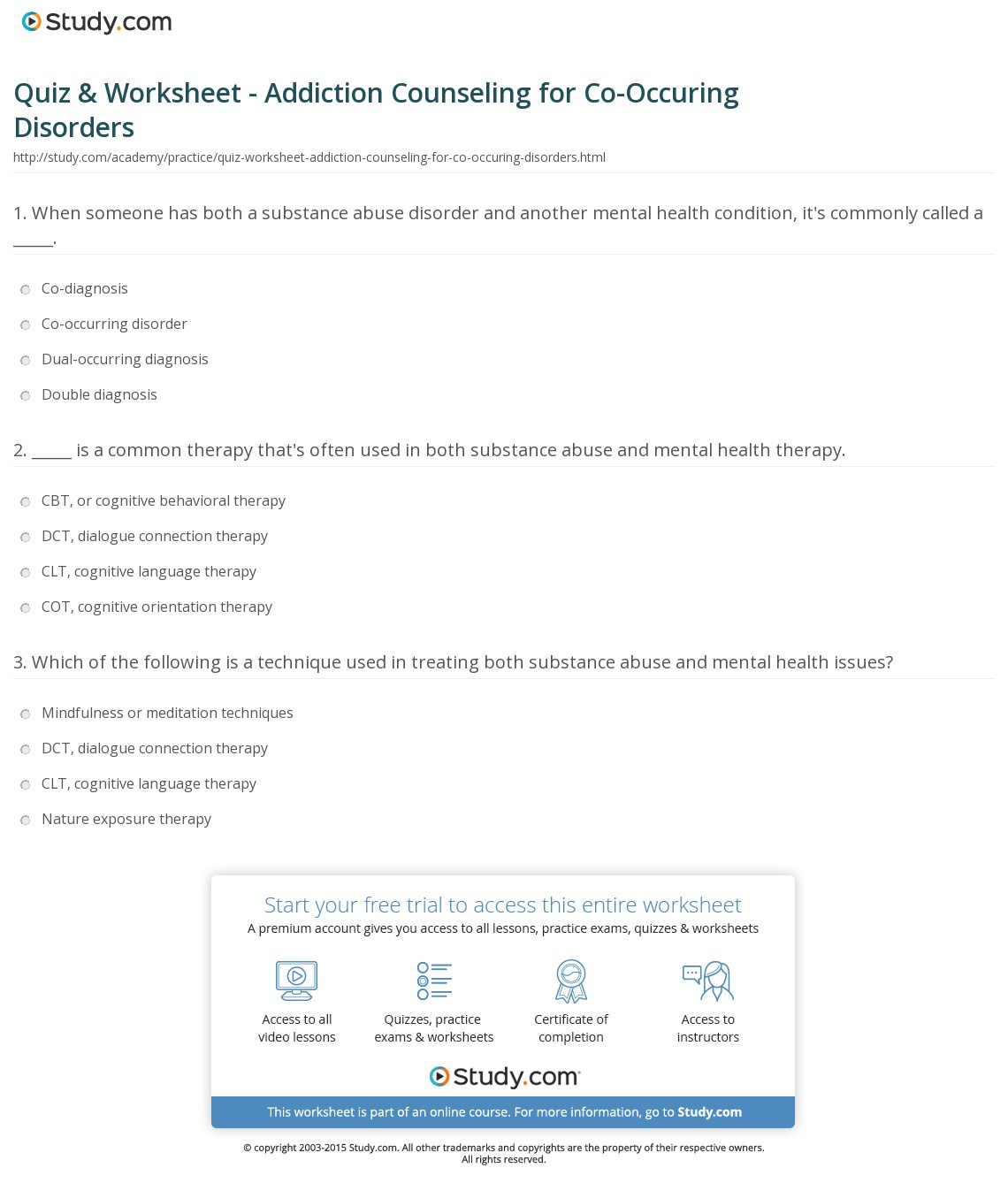 Quiz  Worksheet  Addiction Counseling For Cooccurring