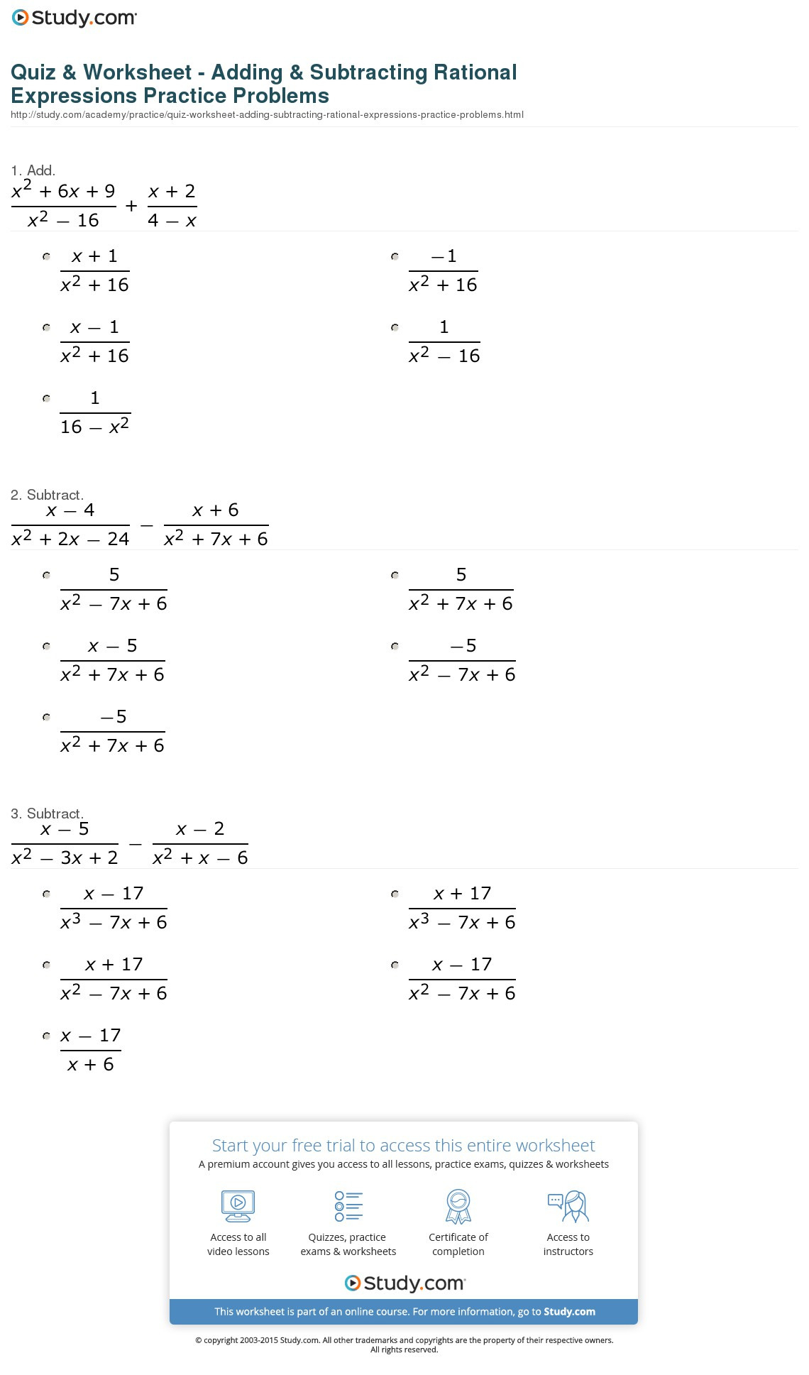Addition And Subtraction Rational Expressions Worksheet