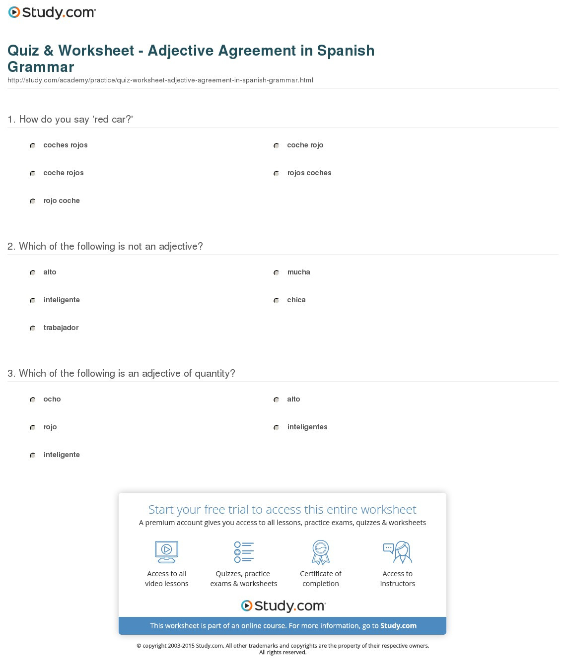 Quiz  Worksheet  Adjective Agreement In Spanish Grammar