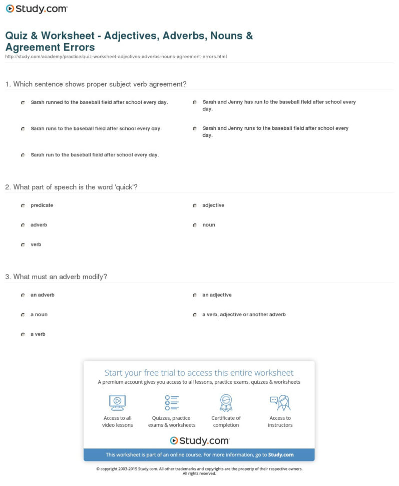 Quiz  Worksheet  Adjectives Adverbs Nouns  Agreement Quiz  Worksheet  Adjectives Adverbs Nouns  Agreement