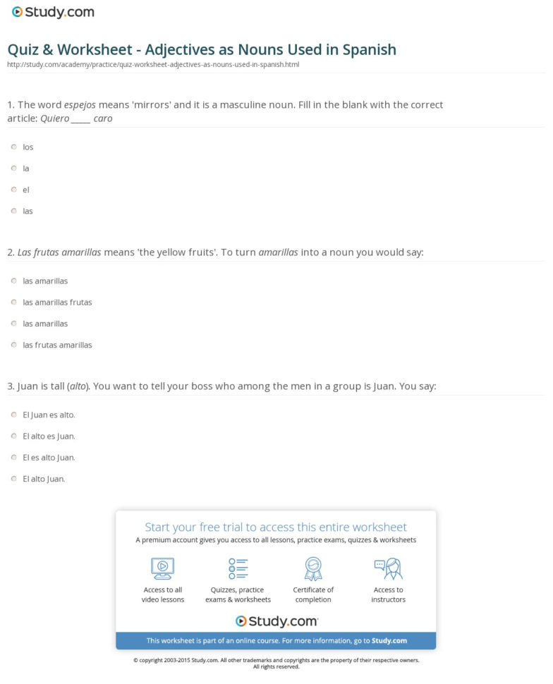 Quiz  Worksheet  Adjectives As Nouns Used In Spanish