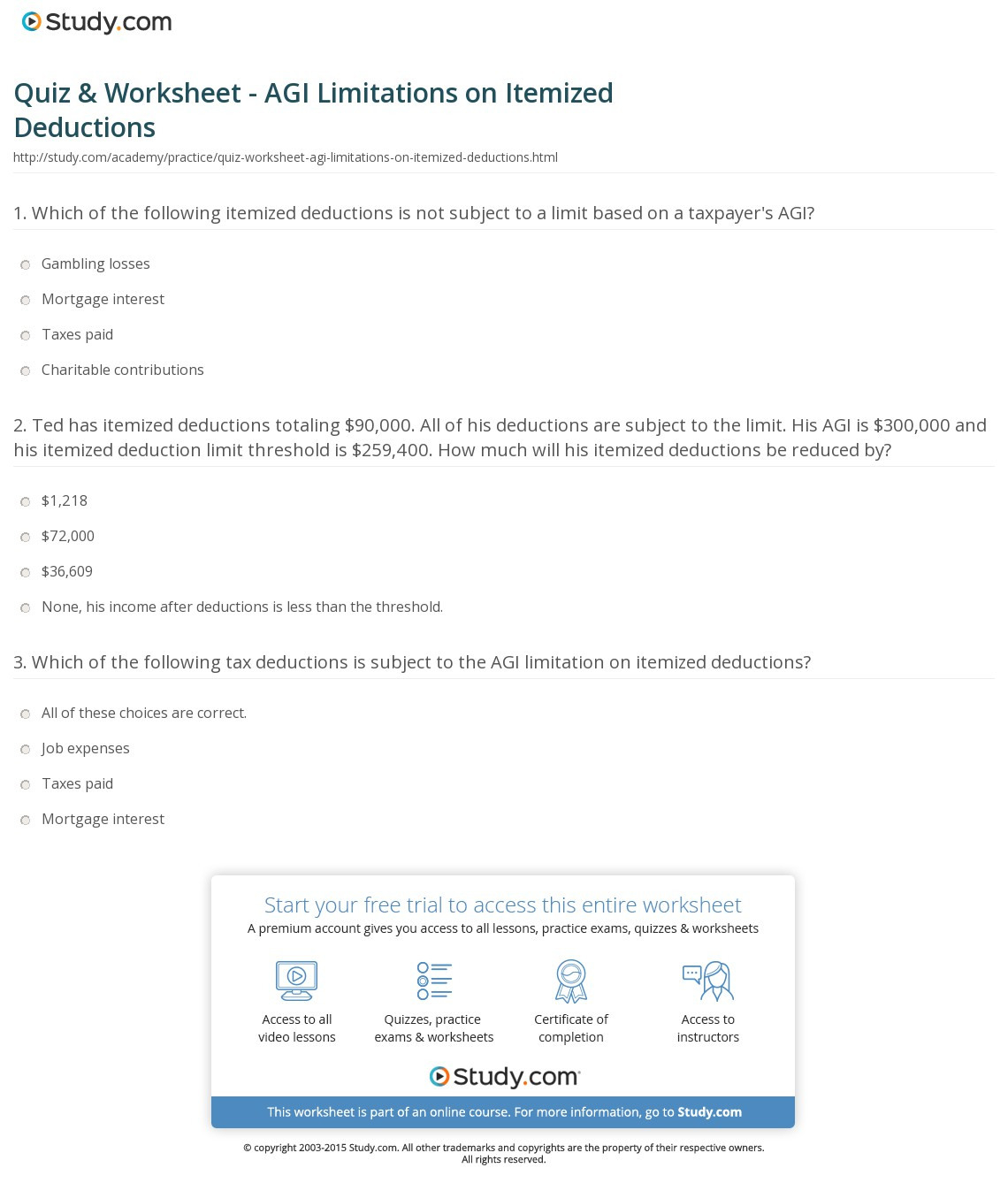 Quiz  Worksheet  Agi Limitations On Itemized Deductions