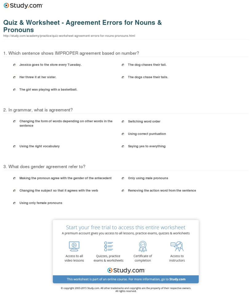 Quiz  Worksheet  Agreement Errors For Nouns  Pronouns