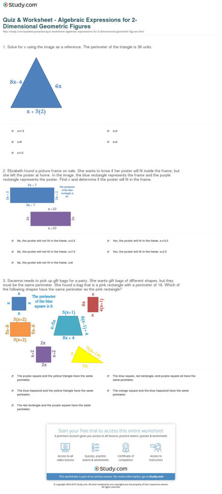 Quiz  Worksheet  Algebraic Expressions For 2Dimensional