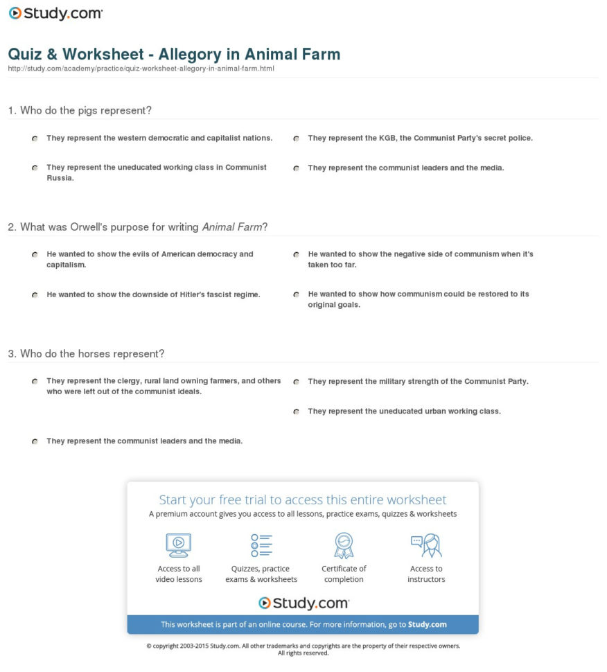 Quiz  Worksheet  Allegory In Animal Farm  Study