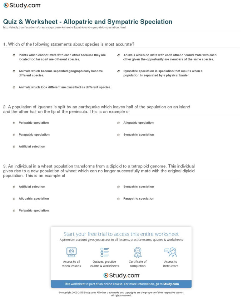 Quiz  Worksheet  Allopatric And Sympatric Speciation