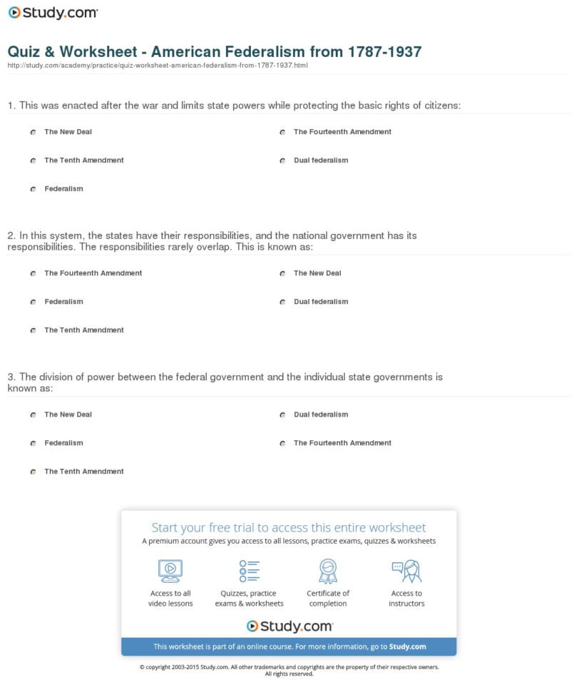Quiz  Worksheet  American Federalism From 17871937